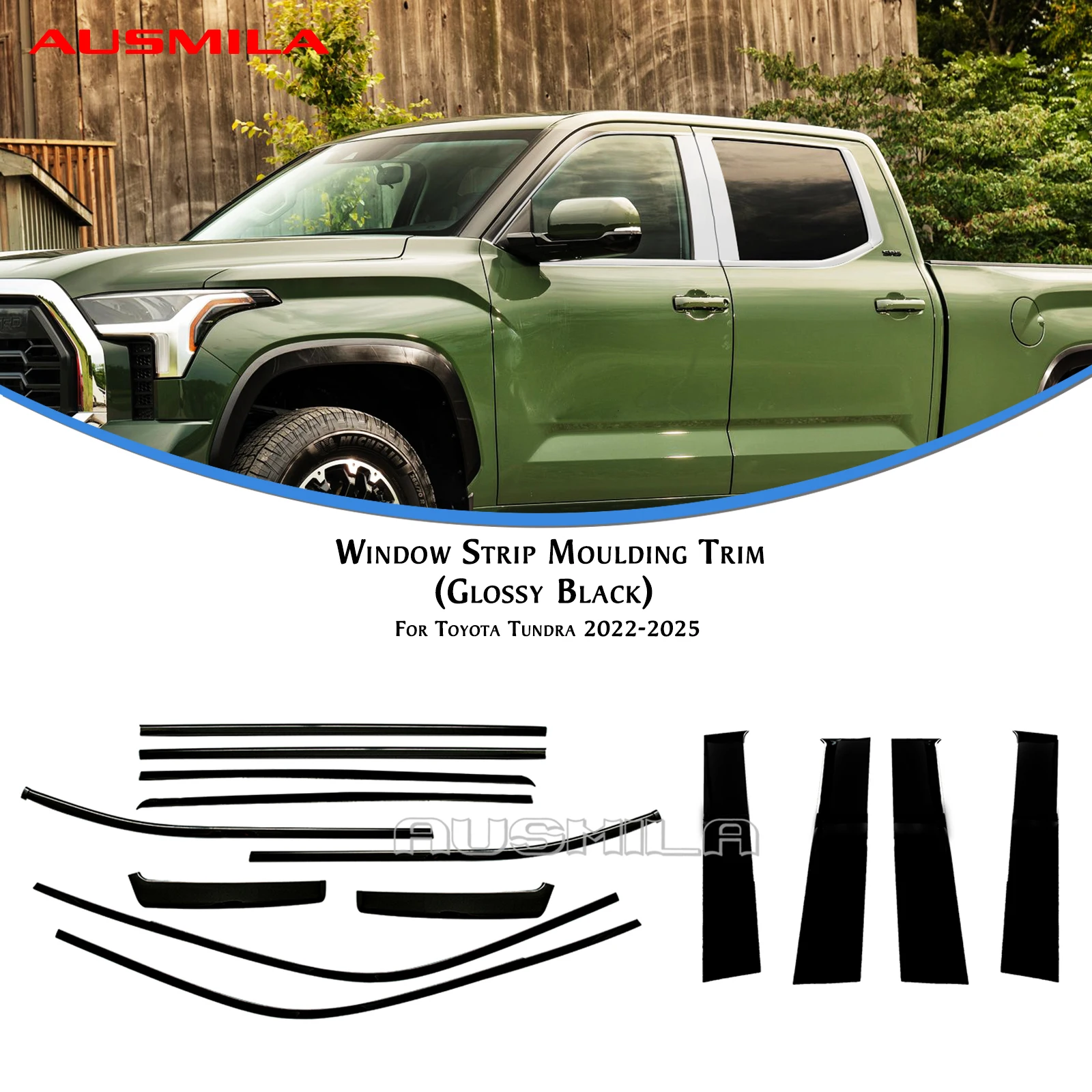 

10pcs Car Exterior Window Strip Trim + 4pcs Center Pillar Trim Cover For Toyota Tundra 2022 2023 2024 2025 2026