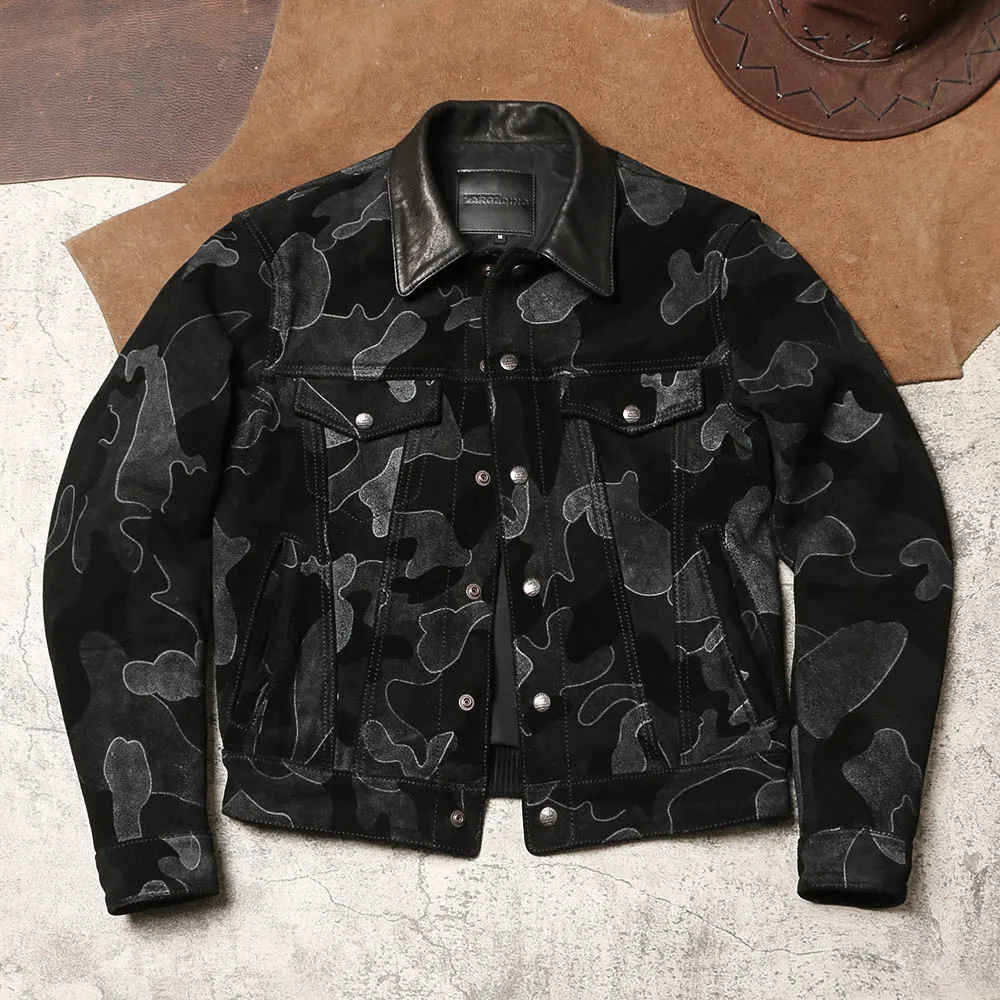 Vintage Camo Suede Cowhide Leather Jacket, Small Size 507 Workwear High Waist Short Genuine Coat Unisex Men Women