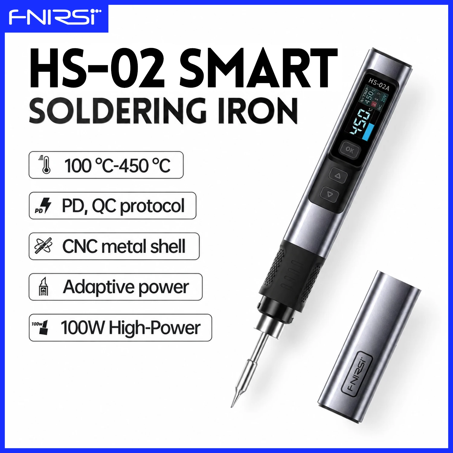 FNIRSI HS-02 Digital Soldering Iron Portable Heating Toolbox Kit 100W Power Adjustable Temperature 100-450℃ Welding Repair Tools