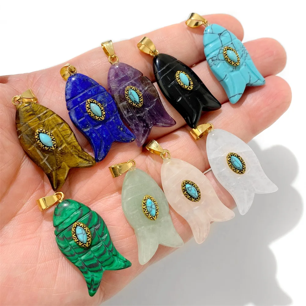 Fish Shape Evil Eye Pendant Green Aventurine Lapis Lazuli Malachite Natural Stone Charm For Making Necklace Bracelet Accessories