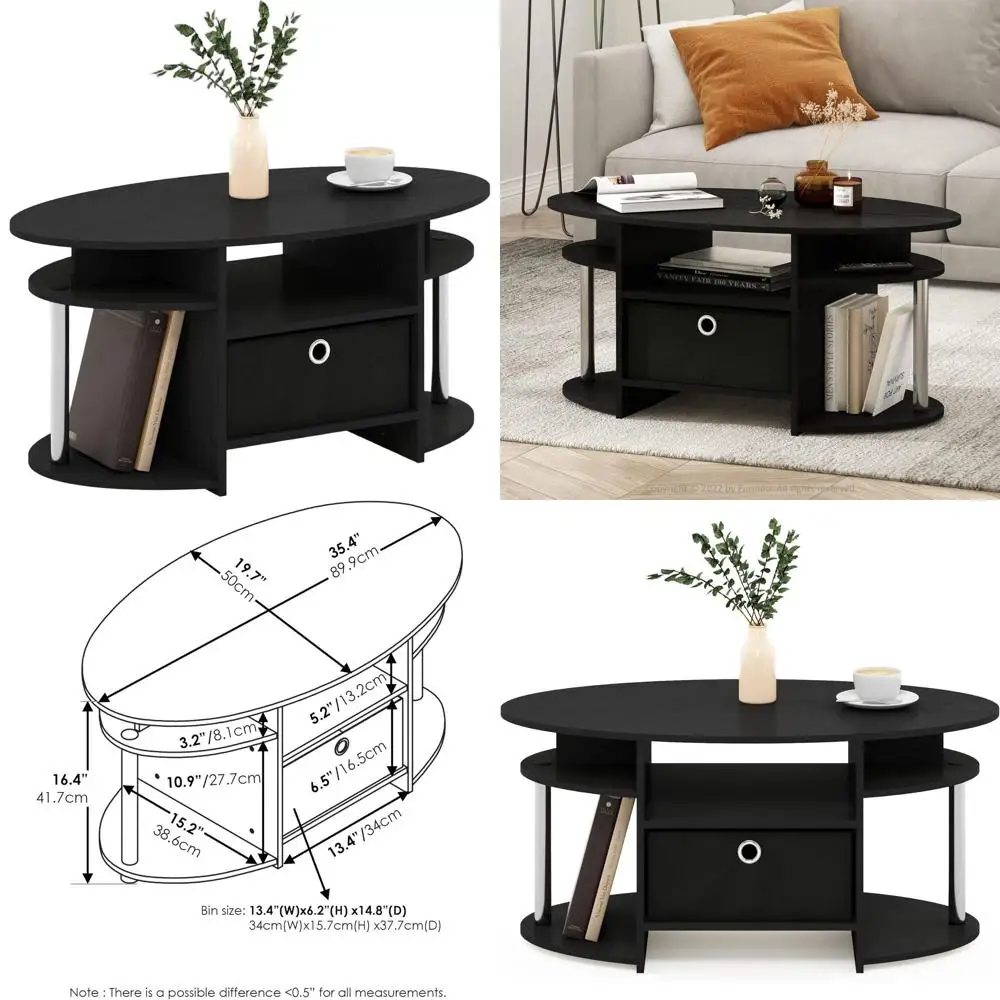 

Oval Coffee Table with Bin for Living Room, Modern Chrome/Black Finish