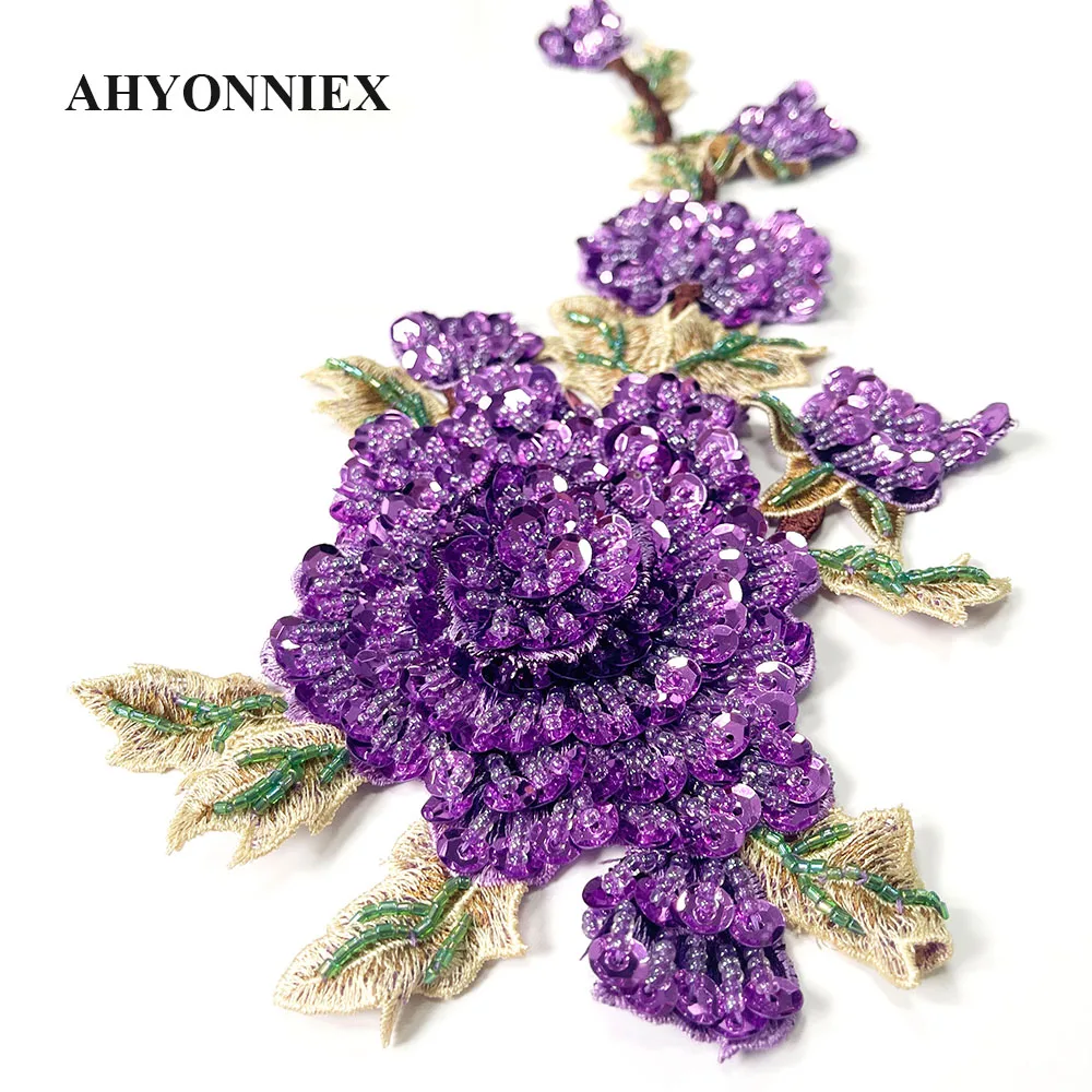 1 Piece 39.5CM Purple Embroidered Beaded Flower Patches Sew On Patch For Evening Dress Decoration Applique
