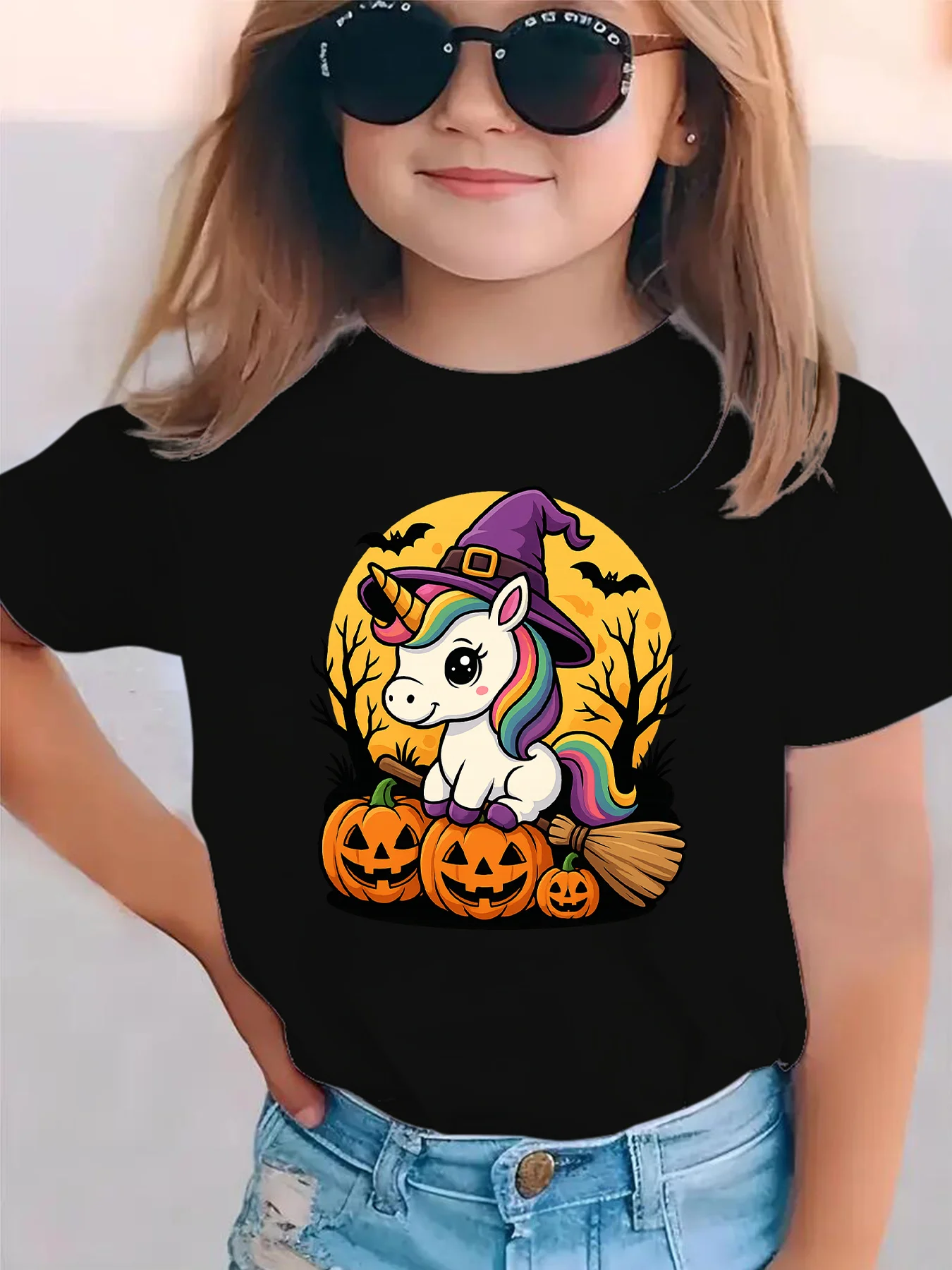 Kids Boys Girls Family Matching T Shirt Halloween Unicorn Witch Hat Pumpkin Print Short Sleeve Tee Casual Parent Child Tops