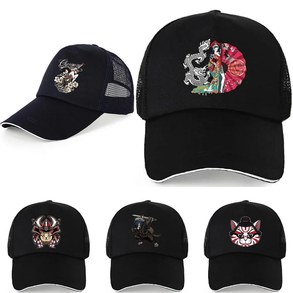 Women's Pure Cotton Mesh Baseball Caps Summer UV-proof Visors Hats Samurai Print Trend Dad Cap Casual Adjustable Back Buckle Hat