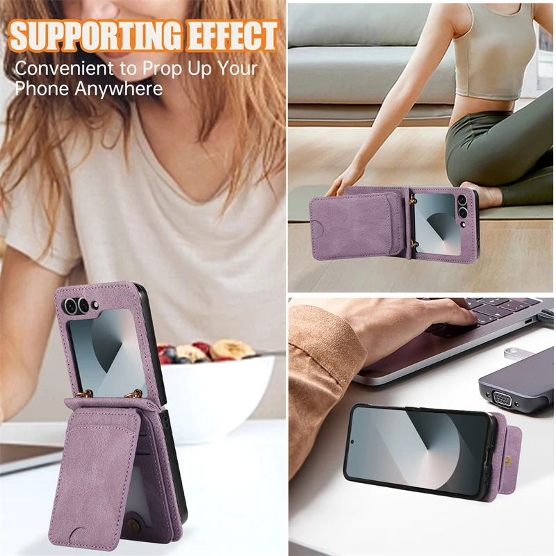 Leather Wallet Card Holder Case for Samsung Galaxy Z Flip 7 6 5 4 3 ZFlip Flip6 Flip5 Flip7 with Crossbody Lanyard Bag Cover