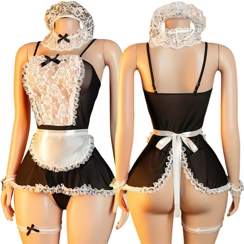  Crotchless Lingerie Women French Apron Maid Dress T Panties Set Cosplay Lolita Uniform  Costumes Porno Underwear Set