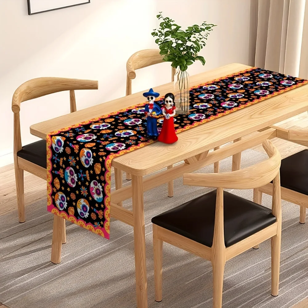 Day of the Dead Linen Table Runner - Sugar Skull & Marigold Design for Dia De Los Muertos - Multiple Sizes  - 1PC