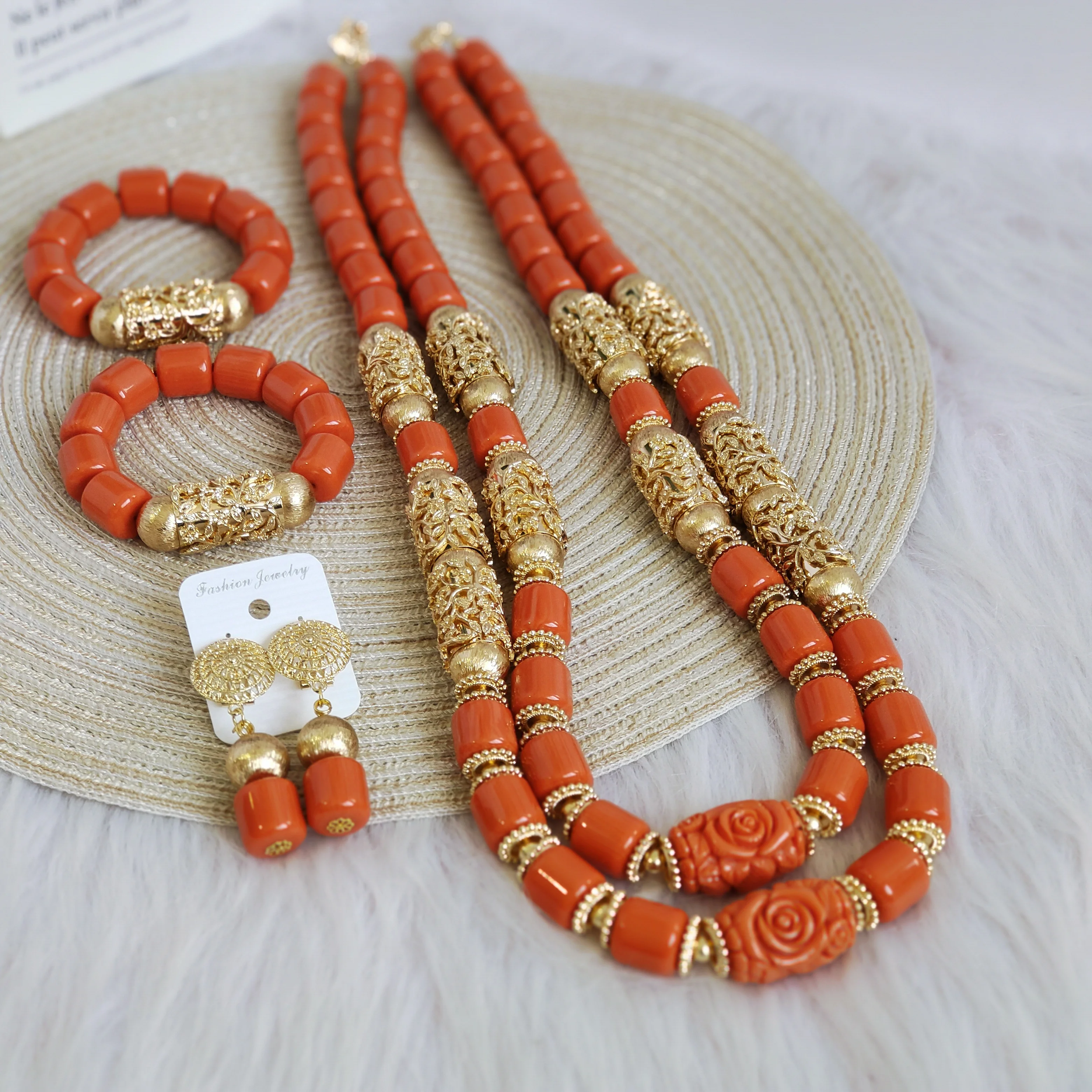 

32inches 2Layers orange artifinal nigerian coral bead jewelry set wedding