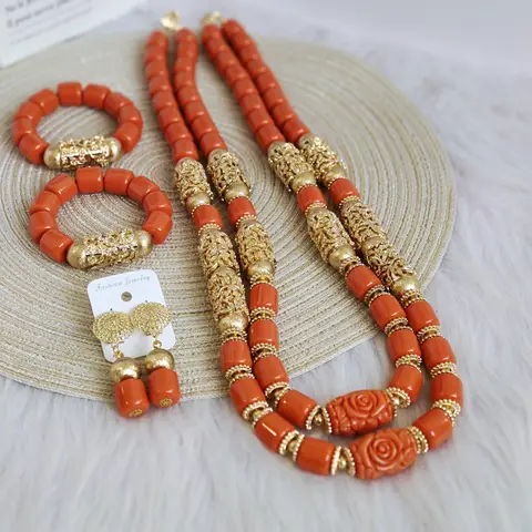 32inches 2Layers orange artifinal nigerian coral bead jewelry set wedding