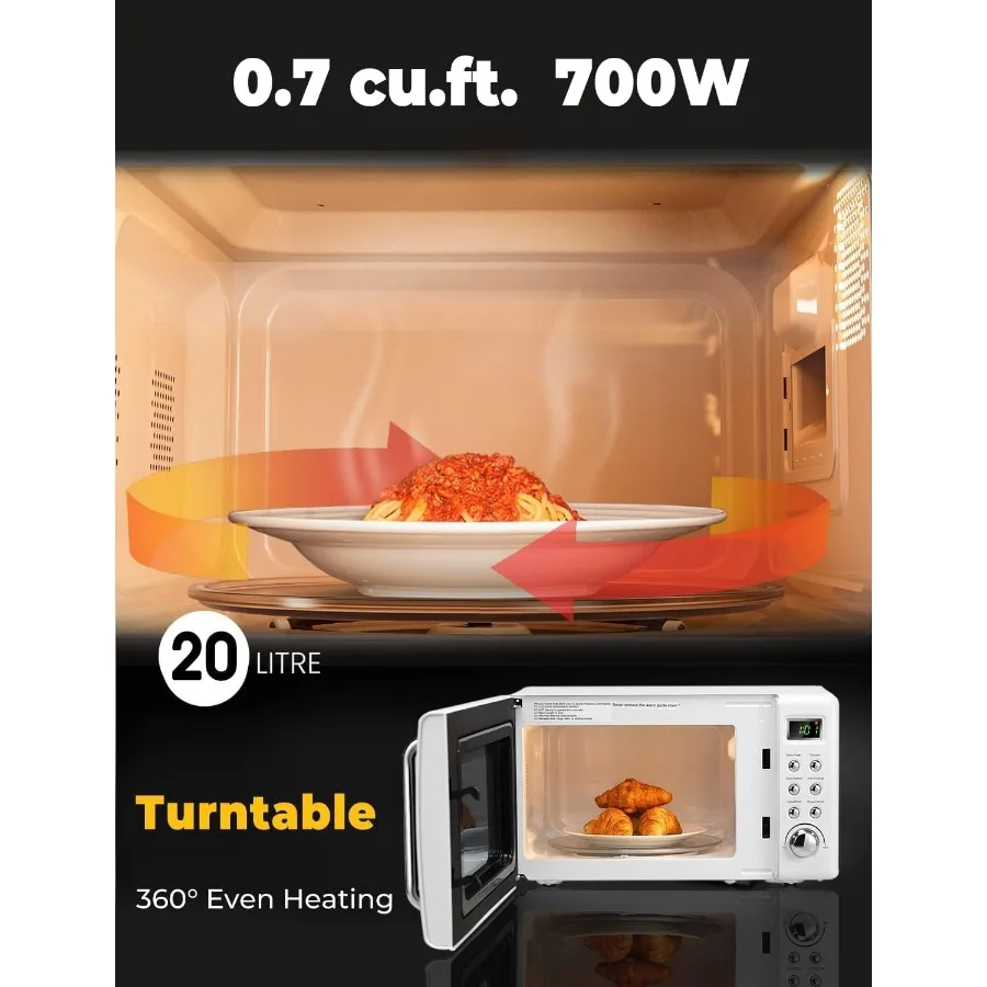 Compact Retro Microwave Oven for Small Kitchens 0.7cu.ft Countertop Design with Removable Turntable and Child Safety Lock Featu