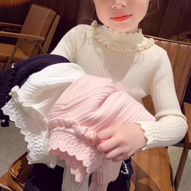 2-14 baby girls winter pink sweaters junior kid Lotus collar handmade bead warm knit top sweater teen child clothes 6 8 10 12 14