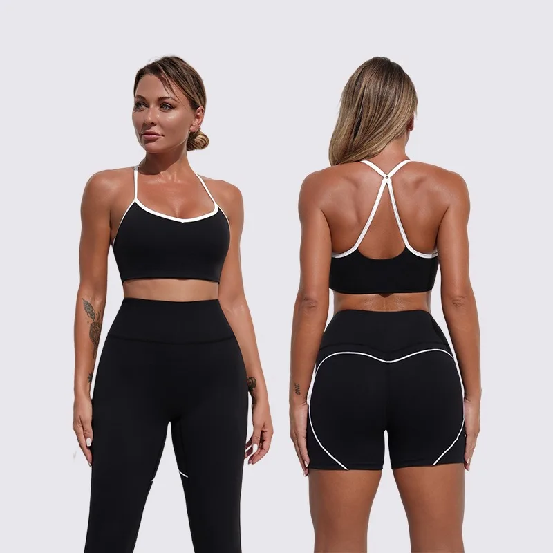 

Женский контрастный комплект для йоги телесного цвета, красивая спина, персиковый бедра, высокоэластичный бюстгальтер на подтяжках, комплект для спорта на открытом воздухе и фитнеса