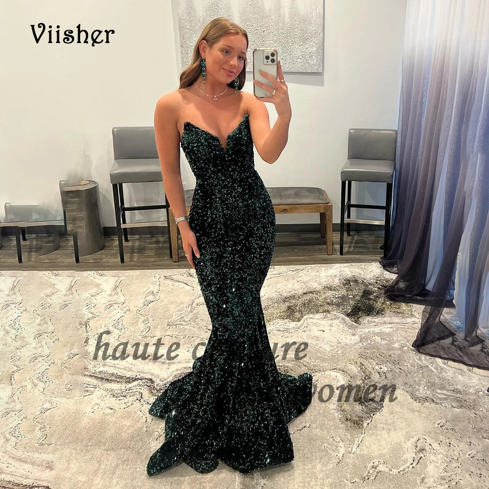 

Dark Green Sparkly Sequin Mermaid Prom Dresses Sweetheart Sexy Bodycon Long Evening Party Dress for Women Gala Event Gowns