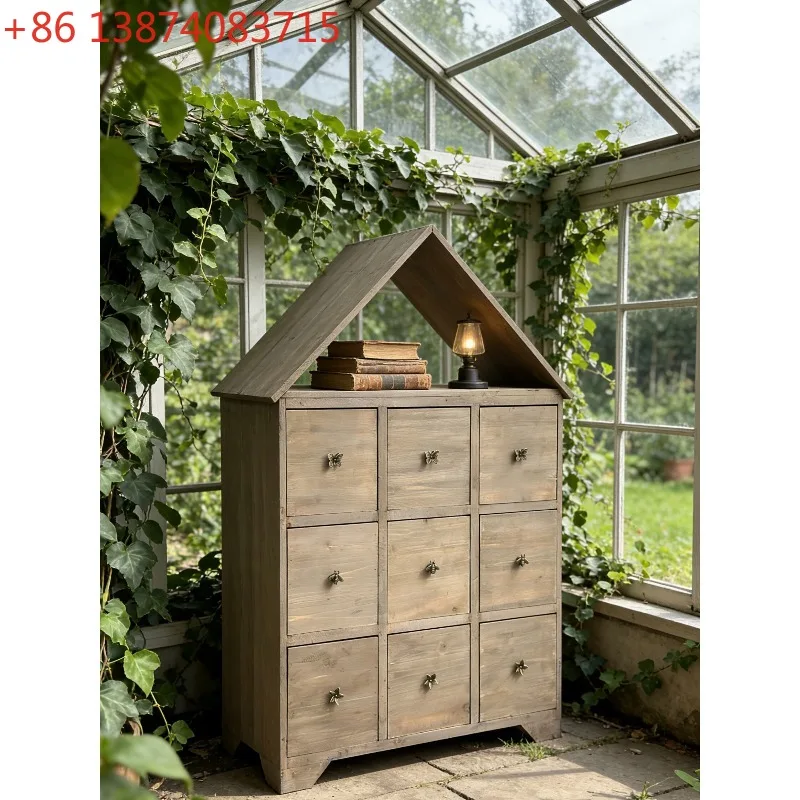 Storage cabinet, house shape all solid wood retro old craftsmanship nine-grid drawer