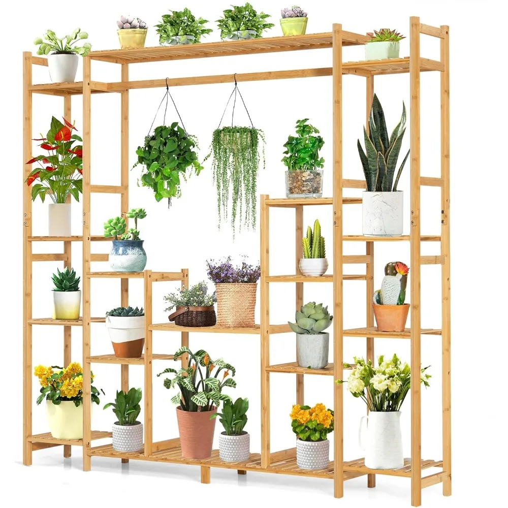 

COSTWAY Bamboo Plant Stand, with Hanging Rack & Anti-Dumping Device, 2-In-1 High-Low Holder Shelf, Corner Flower Pot