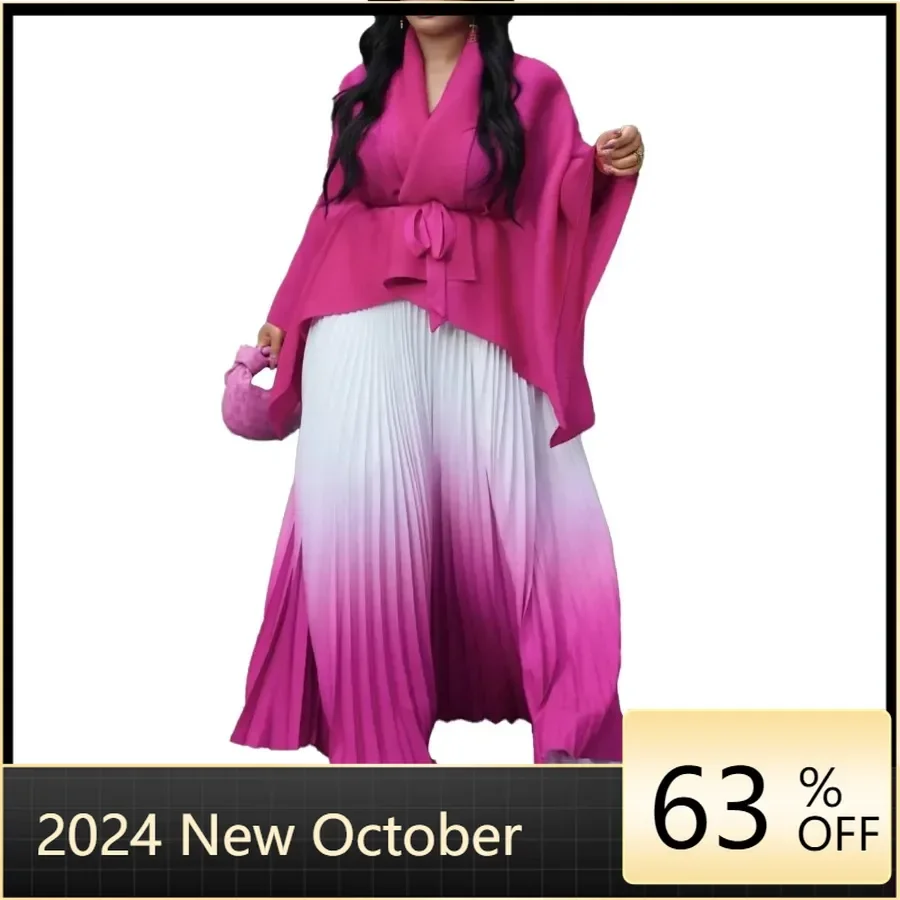 

African Clothes for Women Autumn Fashion 2024 Long Sleeve V-neck Polyester Party Evening 2 Pieces Top Long Skirts Matching Sets