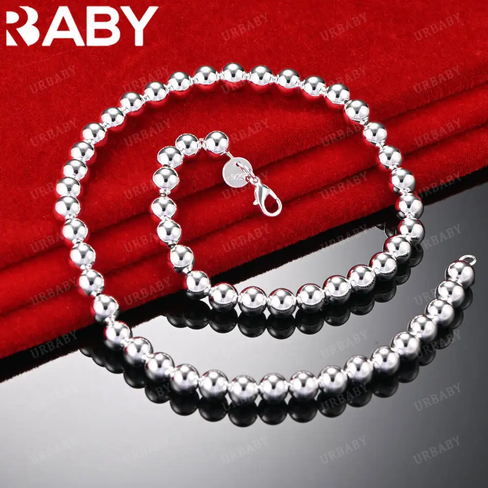 

URBABY 45cm 925 Sterling Silver 8mm Beads Chain Necklace For Women Men Charm Trend Birthday Gifts Fashion Party Fine Jewelry