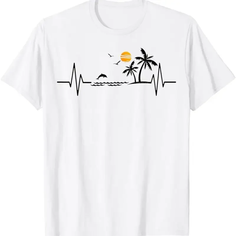 Heartbeat with Tropical Palm Trees Beach Island and Dolphin T-Shirt