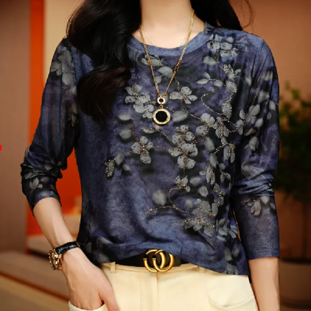 Round Neck Floral Print High-end Fashion Style Fashionable Temperament Long Sleeved Top Mesh Base Shirt