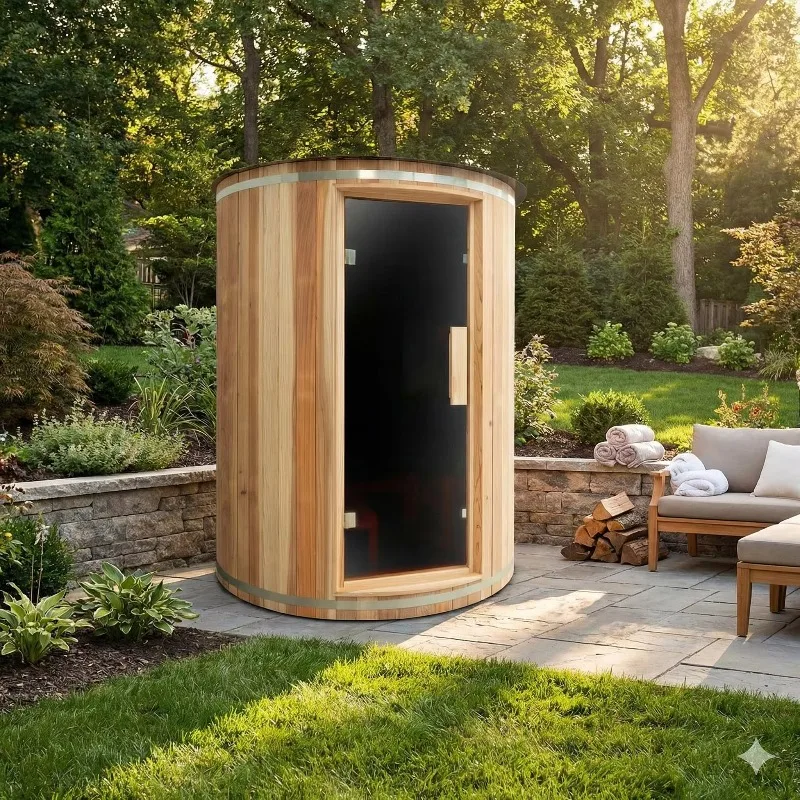 Residential & Park Barrel Sauna, Custom Eco-Friendly Solid Wood Heated Cabin for 1-4 Person Outdoor Relaxation