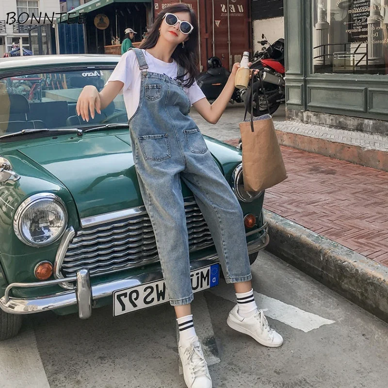 

Denim Jumpsuits Women Loose Basic One-piece Vintage Korean Girls Students Overalls Womens Straight Ulzzang Casual Popular Design