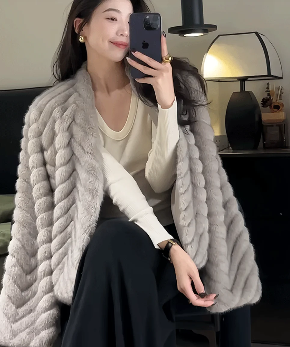Elegant V Neck Herringbone Short Faux Mink Fur Jacket Women Long Sleeve Plush Jackets Woman Autumn Winter Fluffy Warm Outerwear