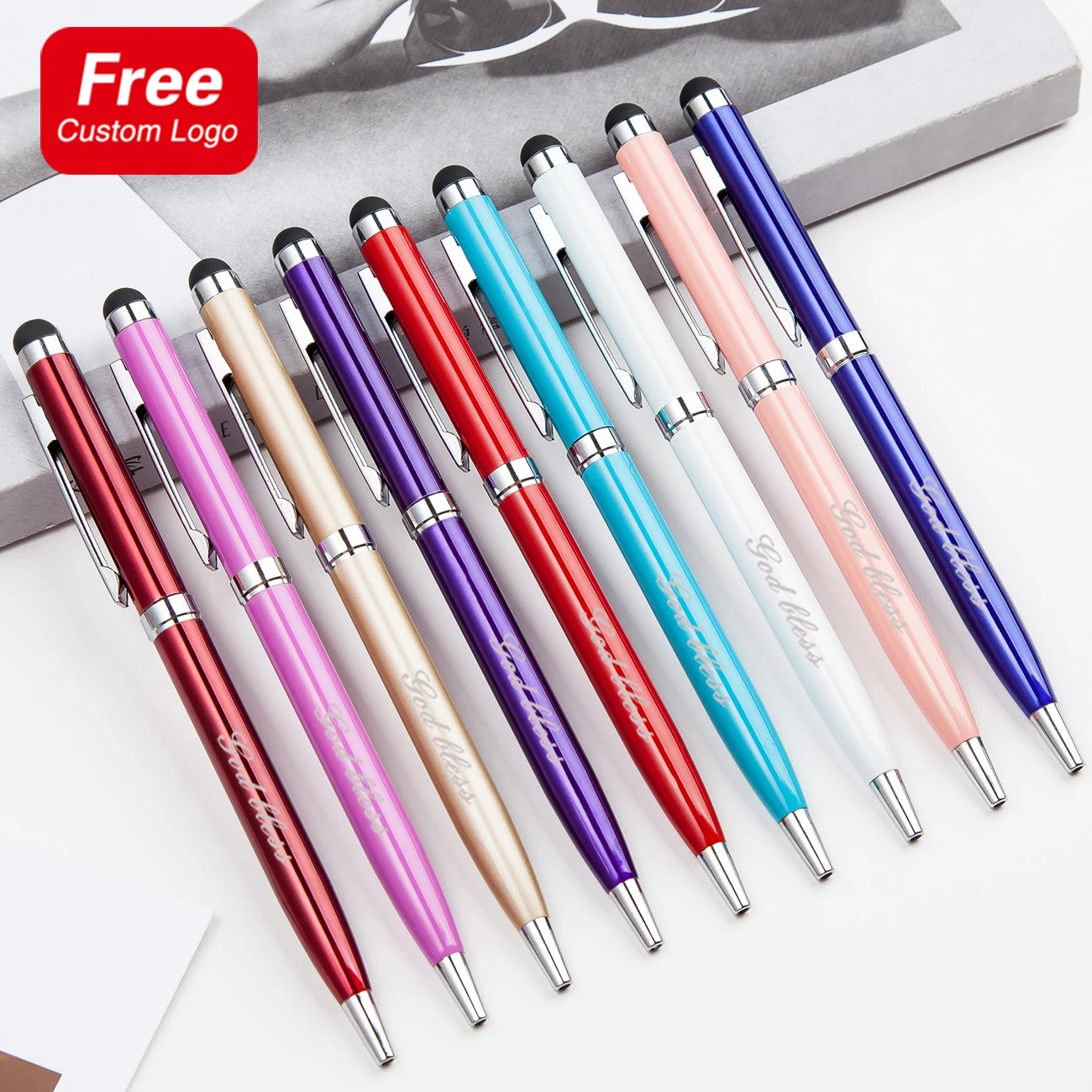 10Pcs Universal Touch Screen Pen Custom Logo Text Engraving Ballpoint Pen Office Writing School Stationery Advertising Gift Pen