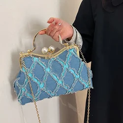 New Vintage Denim Light-Blue Bag Metal Handle Chain Clutch Antique Kiss Lock Shoulder Crossbody Bag Kiss Lock Frame Evening Bag