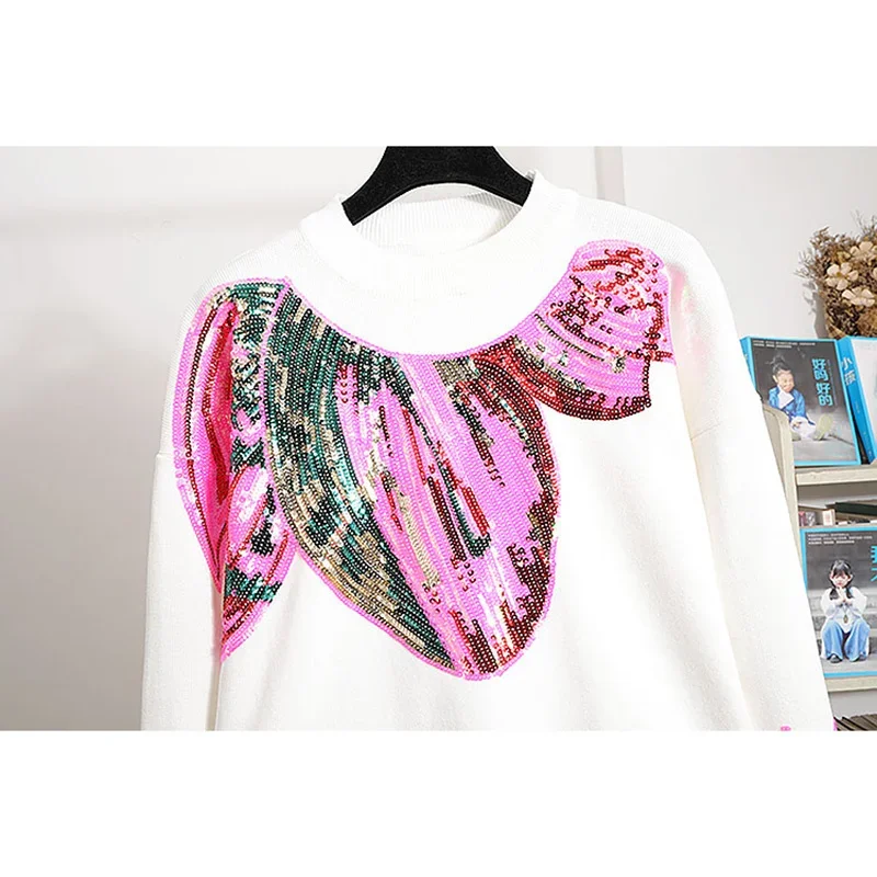 

White Black Tracksuit Knitted Set Women Fashion Handwork Sequins Sweater Long Pants Loose Casual Knit 2 Piece Outfits Streetwear