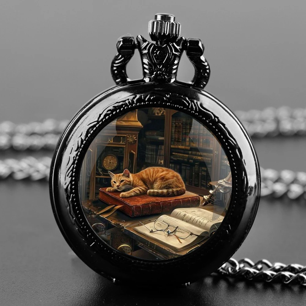 Vintage Art Cat Glass Dome Quartz Pocket Watch With Durable Chain Arabic Numeral Dial Extraordinary Gifts for Kids