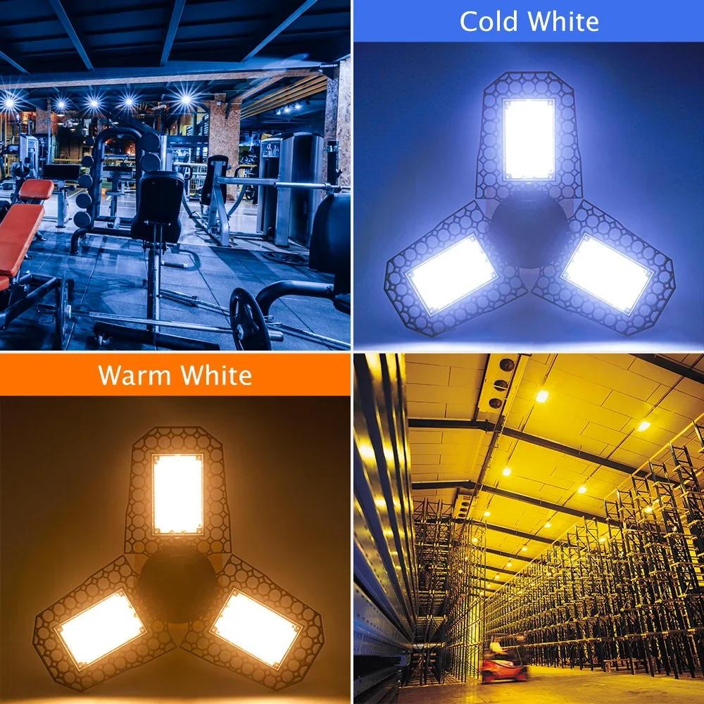 80W LED Garage Light Workshop E27/E26 Foldable Ceiling Lamp 220V Spotlights Bulb 110V Deformable Warehouse Basement Lighting