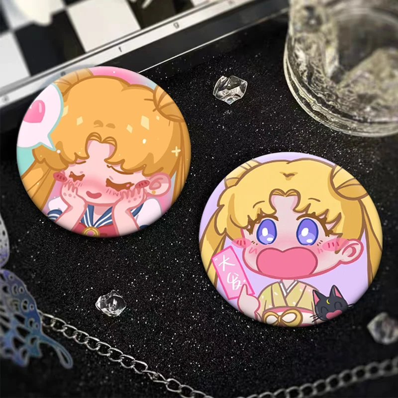 Sailor Warrior Anime Brooches Tsukino Usagi Chibiusa Ami Rei Makoto Cartoon Badge Snap in Design Round Lapel Pins Exquisite Gift