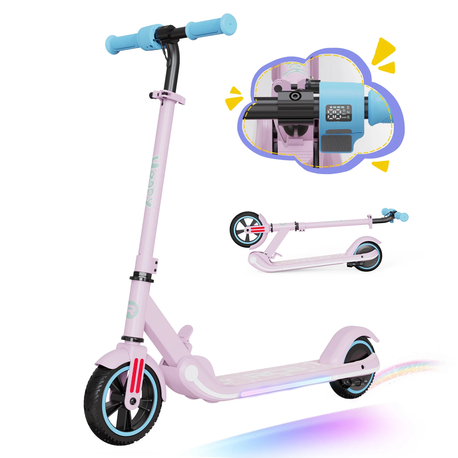 RCB R11 elektrische scooter kind 6-12 jaar oud, snelheid 16 KM/H, bereik 8KM, LED-scherm, kleurrijke verlichting, lichtgewicht, ideaal cadeau