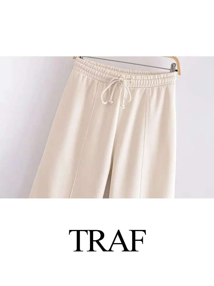 TRAF 2023 Winter Women\'s Fashion Sets 2 Piece Fleece Sweatshirt Lined Stretch Bomber Jacket + High Waist Wild Female Pants