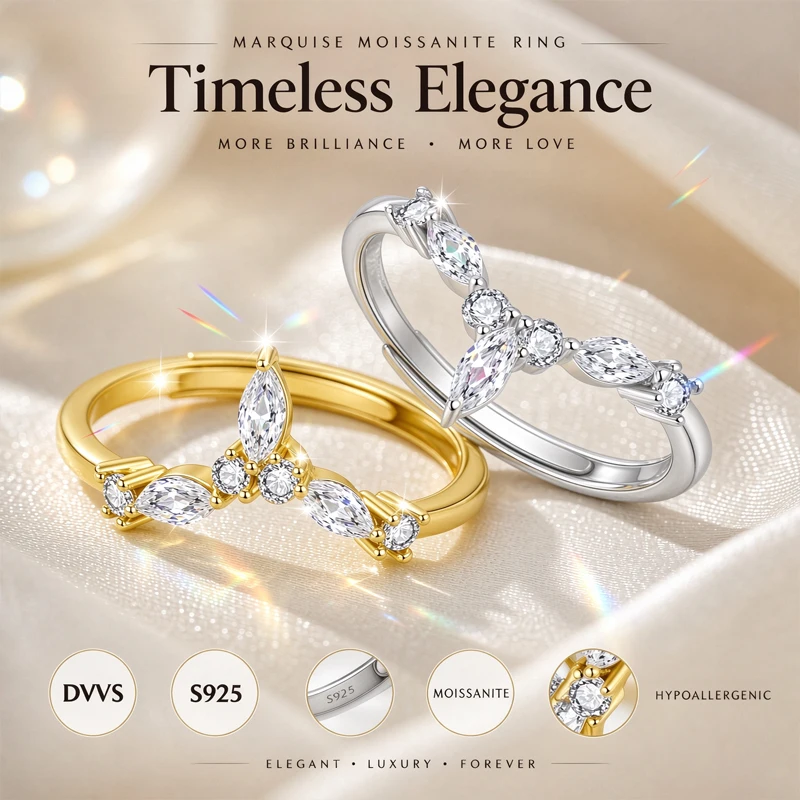 New Fashion Marquise Cut Moissanite Ring S925 Sterling Silver with GRA Certificate D VVS1 3EX Adjustable Size Wedding Party Gift
