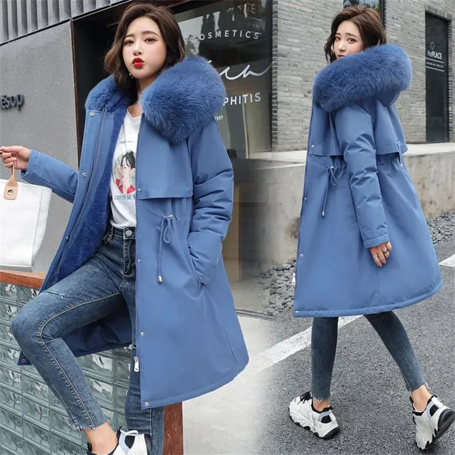 

Fur Collar Hooded Mid-lenght Cotton Parkas Oversize 6xl Winter Warm Overcoat Snow Wear Drawstring Loose Korean Jacket