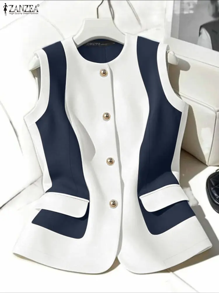 

ZANZEA Stylish Splicing Color Vests Tops Summer Office Waistcoat Sleeveless Tanks Elegant Women OL Work Blouse Buttons Up Shirt