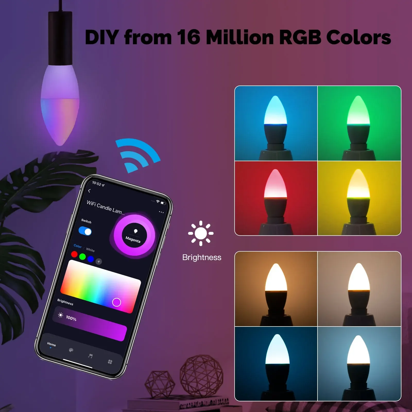 MOES Tuya WiFi Smart E12 5W 1600 Million Colors Candle LED Light Candelabra Bulb RGBCCT 2700-6500K Alexa Google Voice Control