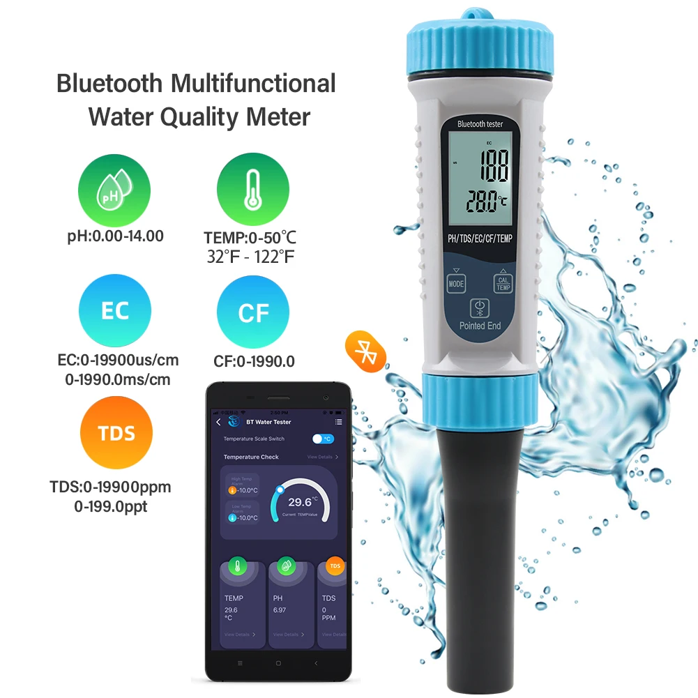 

Digital BT PH Meter High Accuracy Sensor Intelligent Thermometer APP Controls PH/EC/CF/Temp/TDS Meter