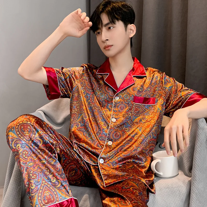 High Quality Pajamas Suit Men Summer Ice Silk Short Sleeve Thin  Sleepwear Satin Paisley Print Sleepwear Teen Loungewear Male