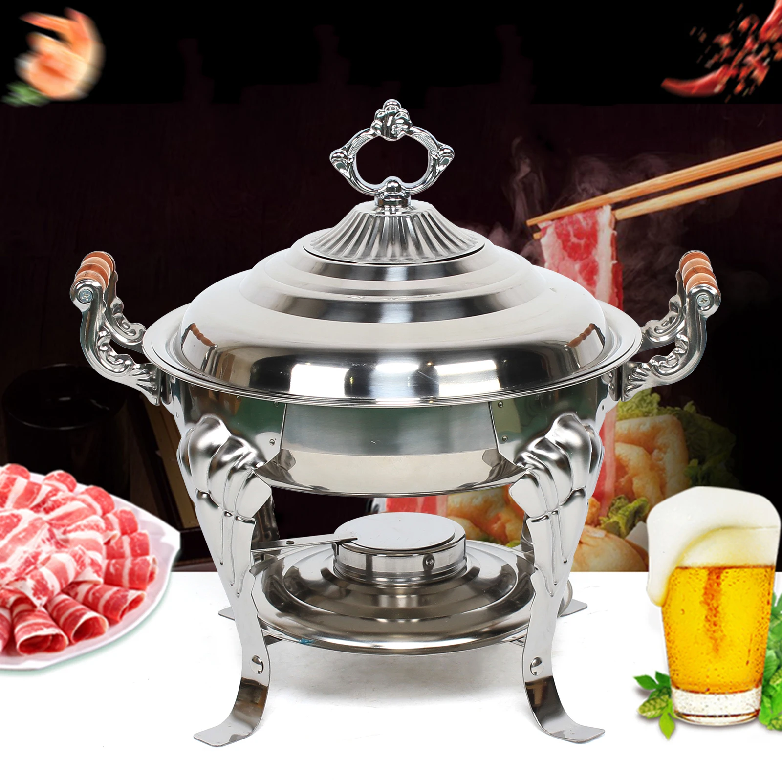 Silver Round Stainless Steel Warming Container Chafing Dish Food Warmer Food Insulation