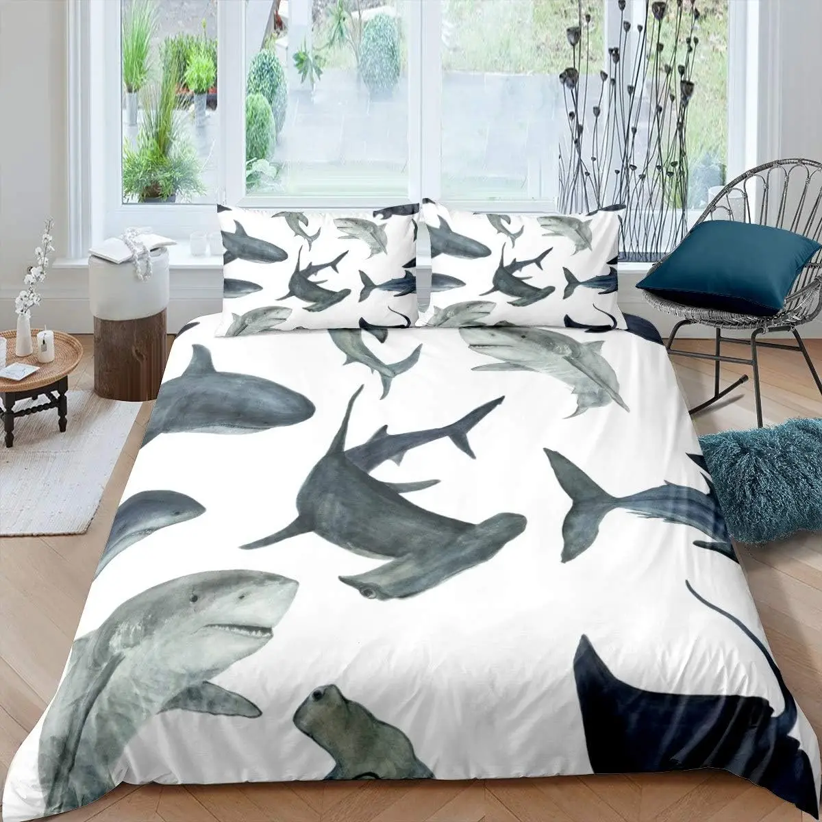 Shark Comforter Cover Set Marine Life Ocean Theme Bedding Set for Kids Boys 3D Shark Print Duvet Cover Sea Animal Pattern