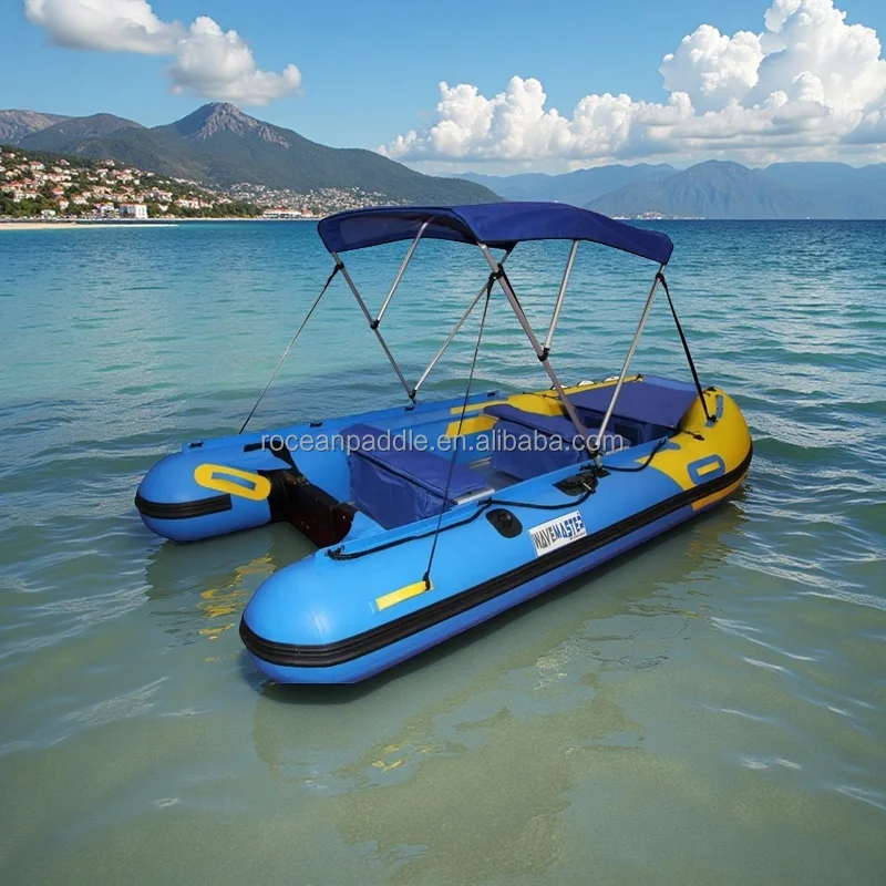 

Factory 12.5ft Aluminium Transom Folding Rowing Boat Inflatable Pvc Boat With Bimini Top And Storage Bags