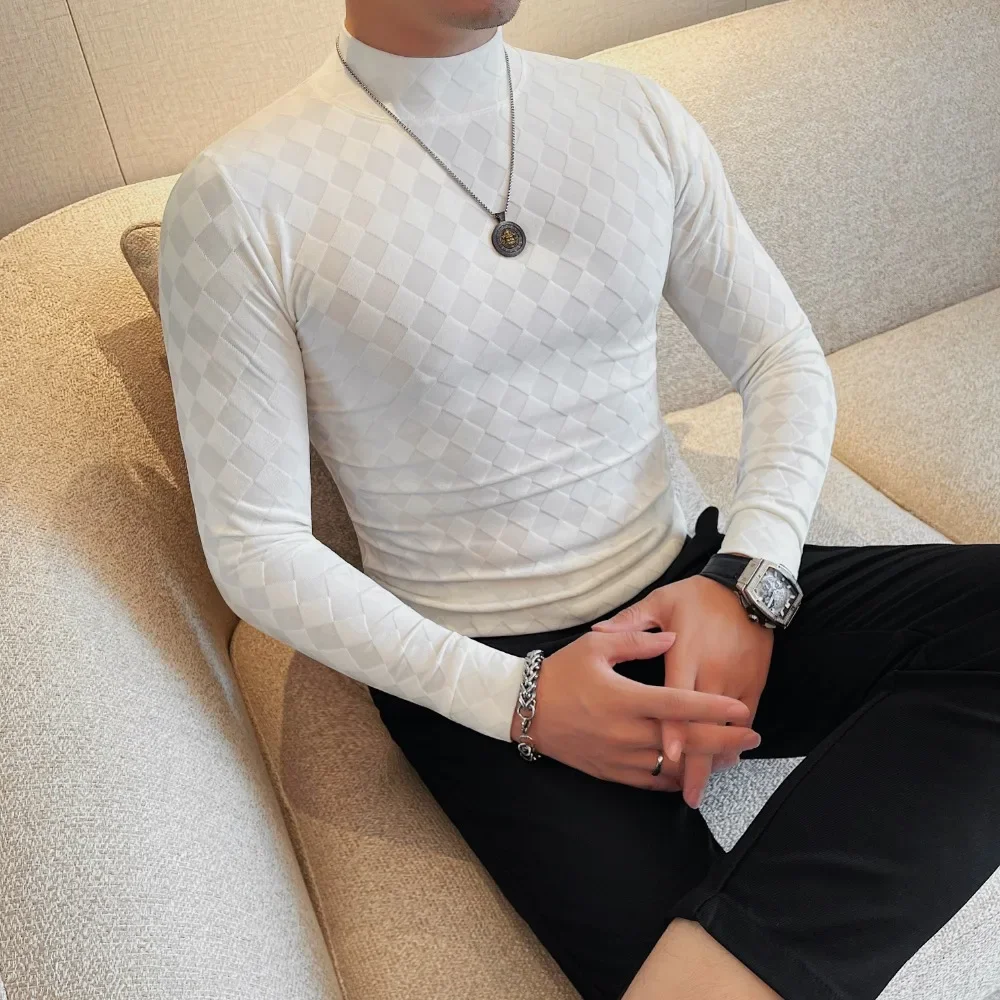Men Half High Collar T-shirt 2024 Autumn Solid Casual Wrinkle resistant soft Elastic Slim Fit Long Sleeves T Shirt Men Clothing