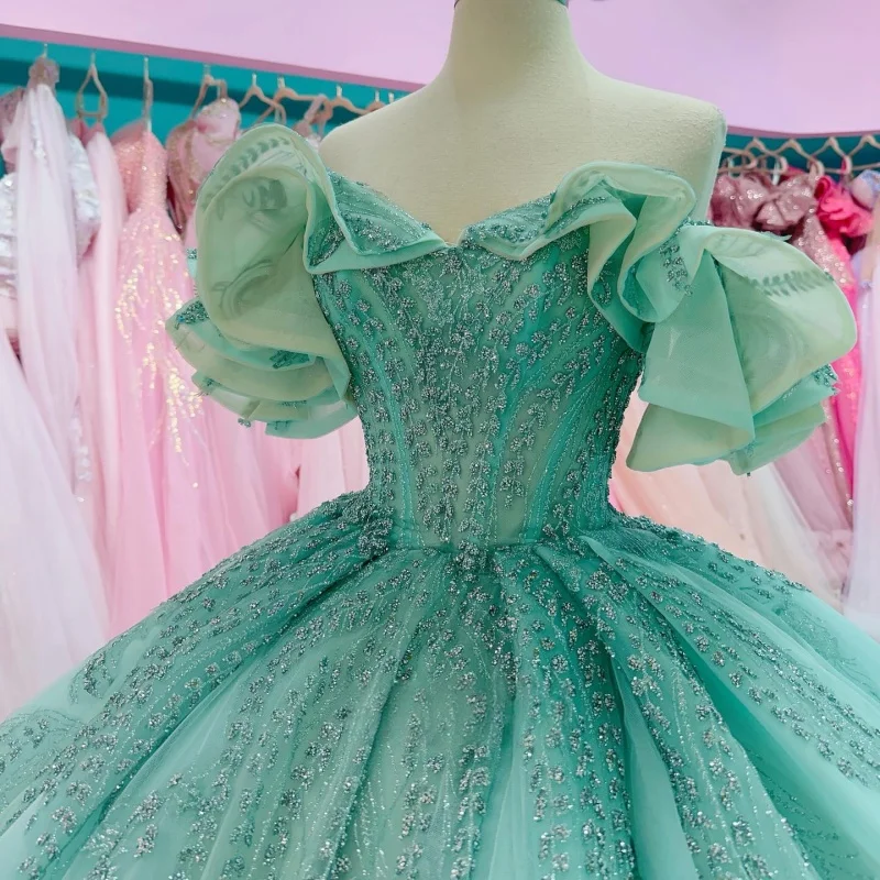 

Green Quinceanera Dresses Off the Shoulder Glitter Crystal Lace Decal Long tail Vestido e 15 Quinceanera Customize