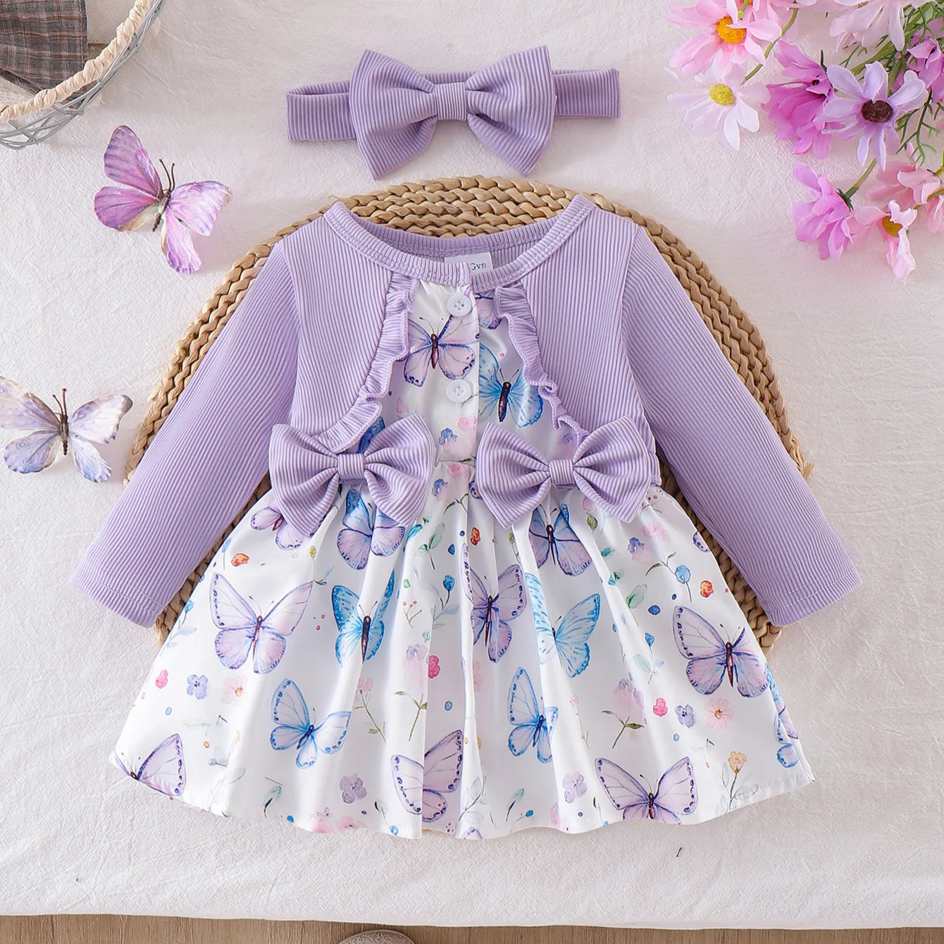 Korean Sweet Toddler Dress Bow Knot Ruffled Butterfly Floral Print Long Sleeve Princess Dress Matching