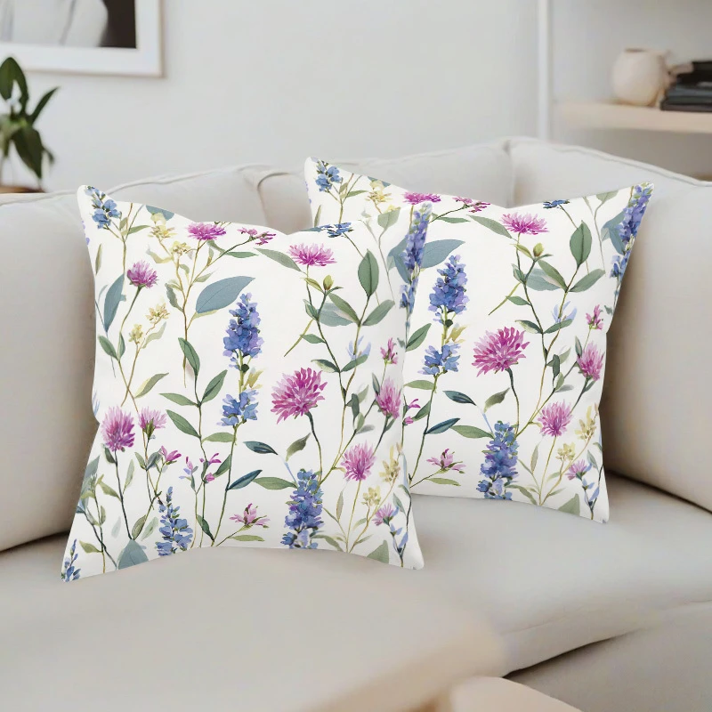 2pc Watercolor Wild Floral Throw Pillow Covers Set of 2, Soft Square Decorative Cushion Cases for Bedroom Living Room Sofa