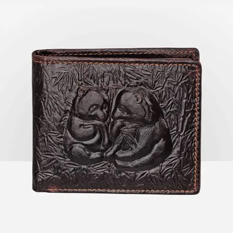 Exquisite Handmade Embossed Leather Men's Wallet with Panda/Dragon Design Bank Card Storage Box