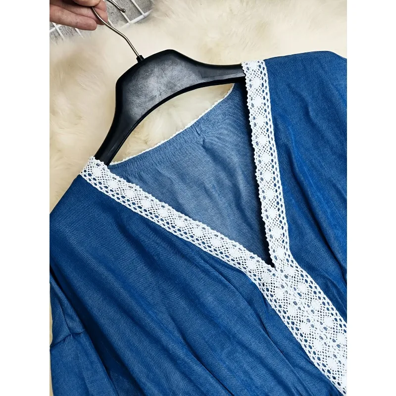 Abito da donna retrò Primavera Estate Autunno 2025 Nuova gonna lunga V-Nek a vita alta Elegante tinta unita Abiti vintage a maniche lunghe