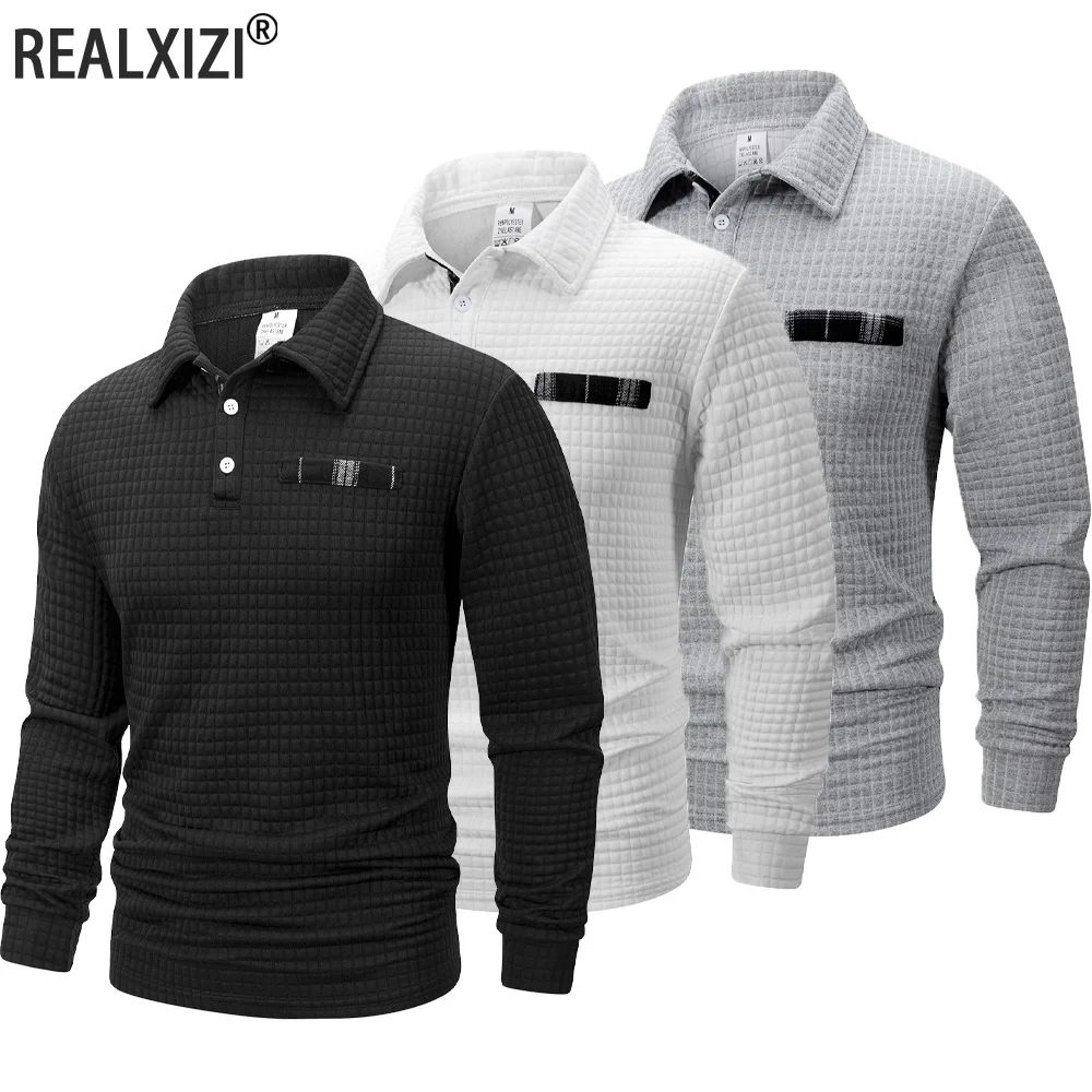 Men's Golf Checkered Long Sleeve Polo Shirt  Casual Sports Business Men POLO Shirt Comfortable Breathable Solid Color T-shirt